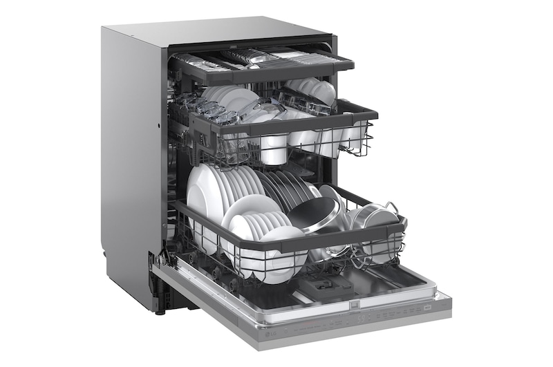 Foto lavastoviglie DB375TXSN aperta con stoviglie